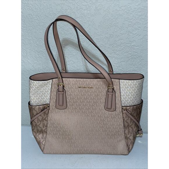 Michael Kors Voyager Tote Signature MK Logo Large Shoulder Bag Purse Rose Gold - Picture 1 of 14